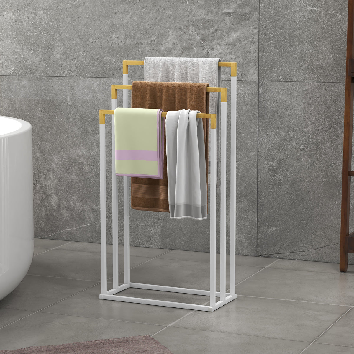 Toalheiro de Pé de 3 Níveis Toalheiro em Forma de Escada com 3 Barras de Bambu e Estrutura de Aço para Casa de Banho 45x22,5x86 cm Branco e Madeira — foto 2