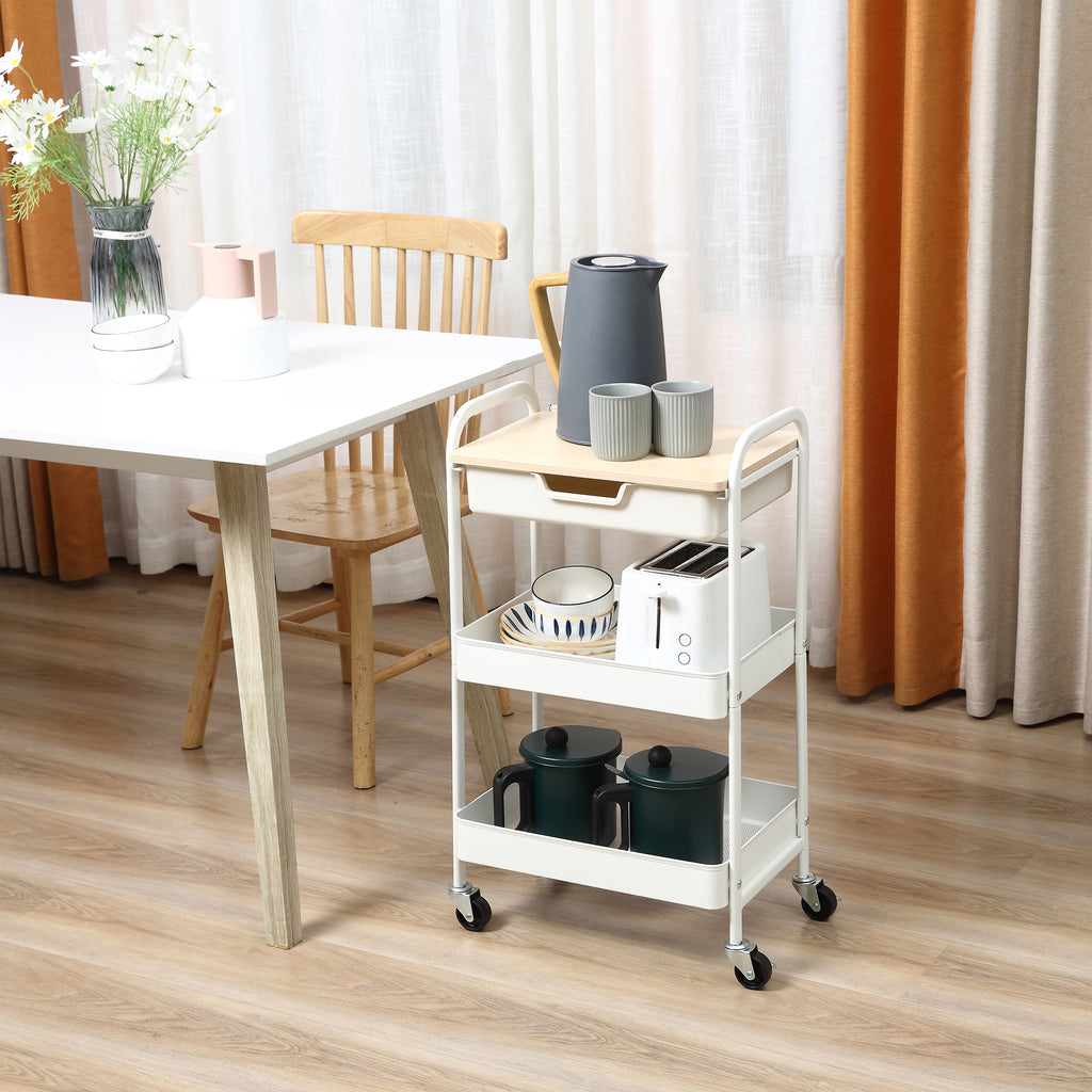 Carrinho de Cozinha com Rodas Carrinho de Armazenamento com Gaveta 2 Prateleiras e Rodas com Freios para Casa de Banho Sala de Estar Dormitório 43,9x30,5x75,6cm Branco e Madeira Natural — foto 2