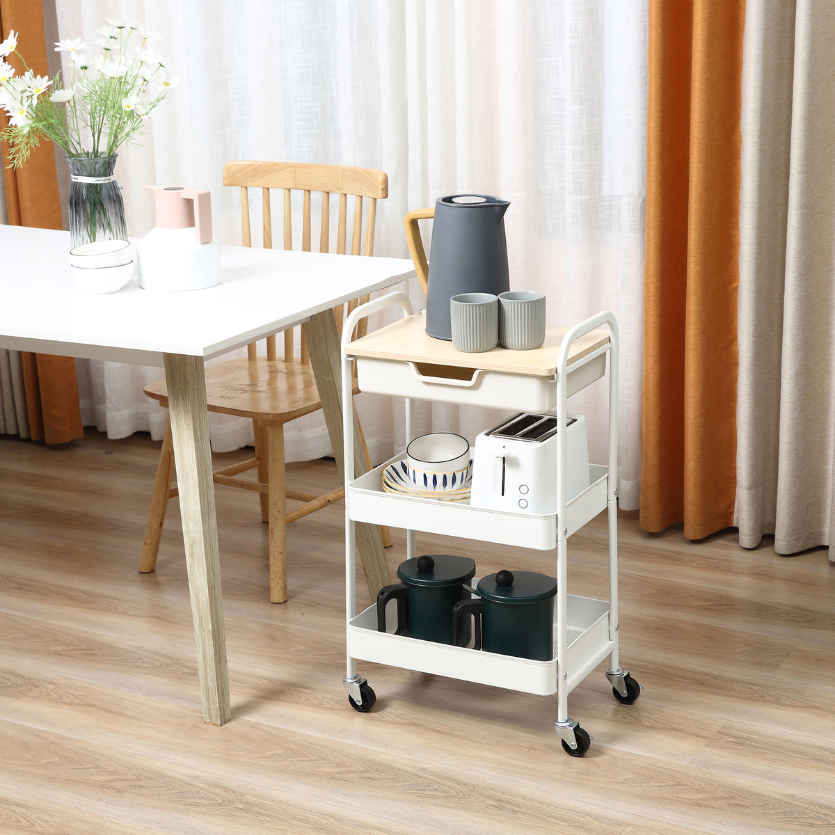 Carrinho de Cozinha com Rodas Carrinho de Armazenamento com Gaveta 2 Prateleiras e Rodas com Freios para Casa de Banho Sala de Estar Dormitório 43,9x30,5x75,6cm Branco e Madeira Natural — foto 2