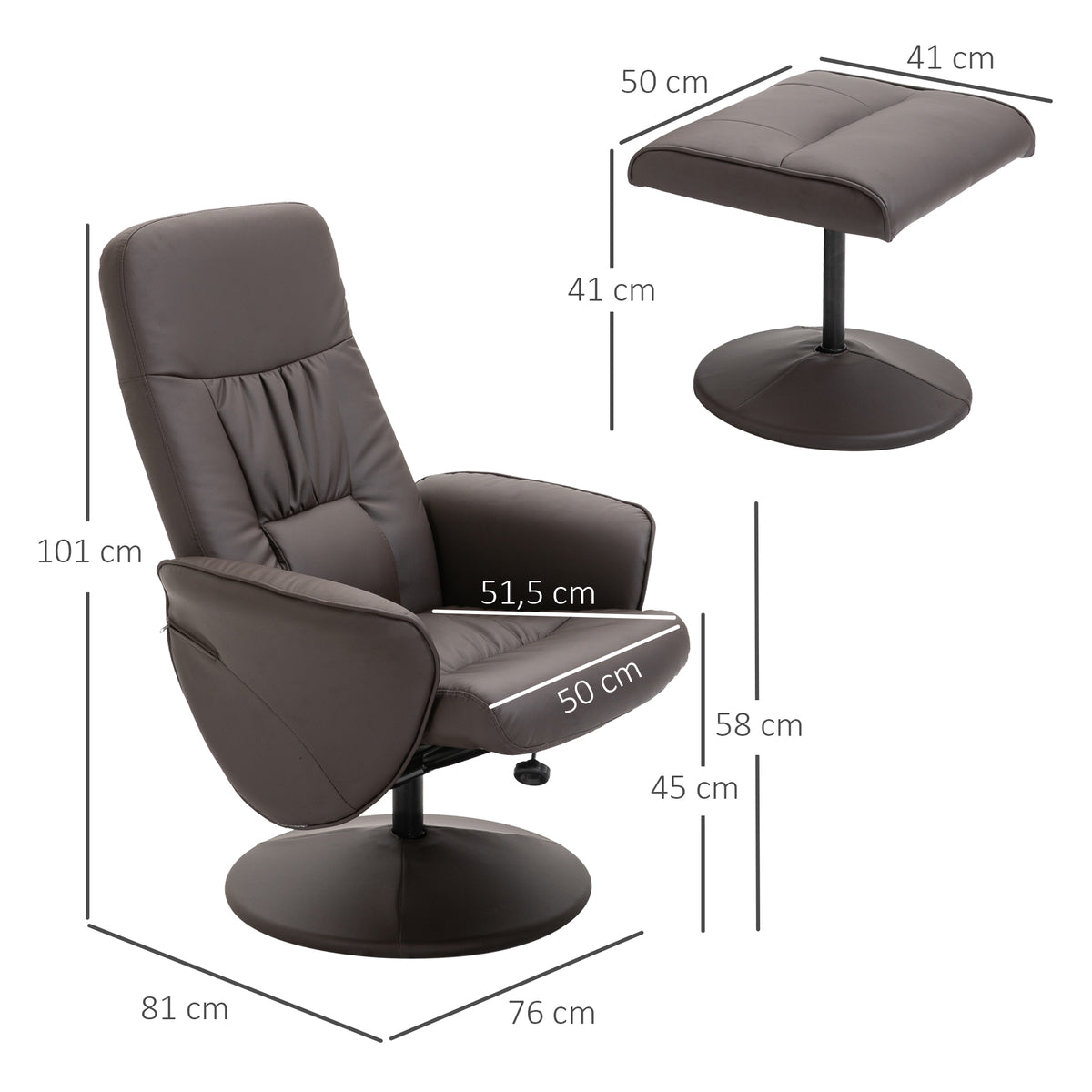 Poltrona Relax com Apoio para os Pés Estofada em PU Poltrona Relax Reclinável até 145° e Giratório 360° com Encosto Ajustável para Sala de Estar Dormitório Escritório 81x81x105cm Marrom — foto 3