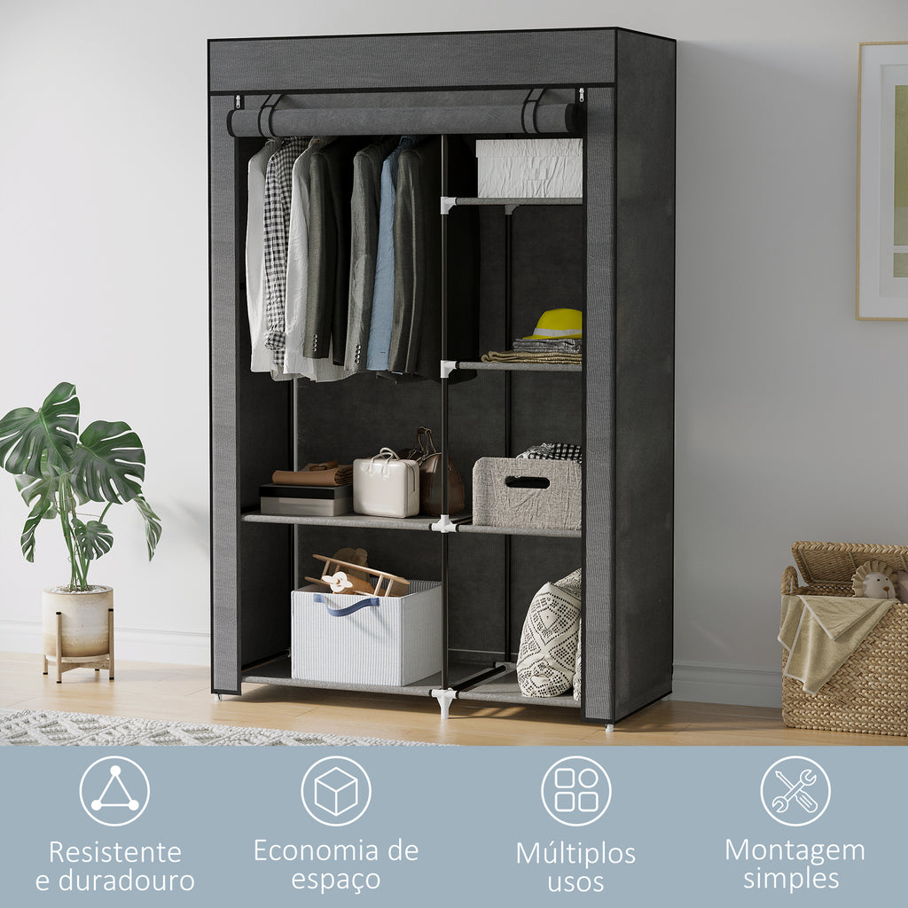 Roupeiro de Tecido Dobrável Armário de Roupa Portátil com 6 Prateleiras e 1 Barra de Pendurar para Dormitório Vestidor 103x43x162,5 cm Cinzento — foto 6