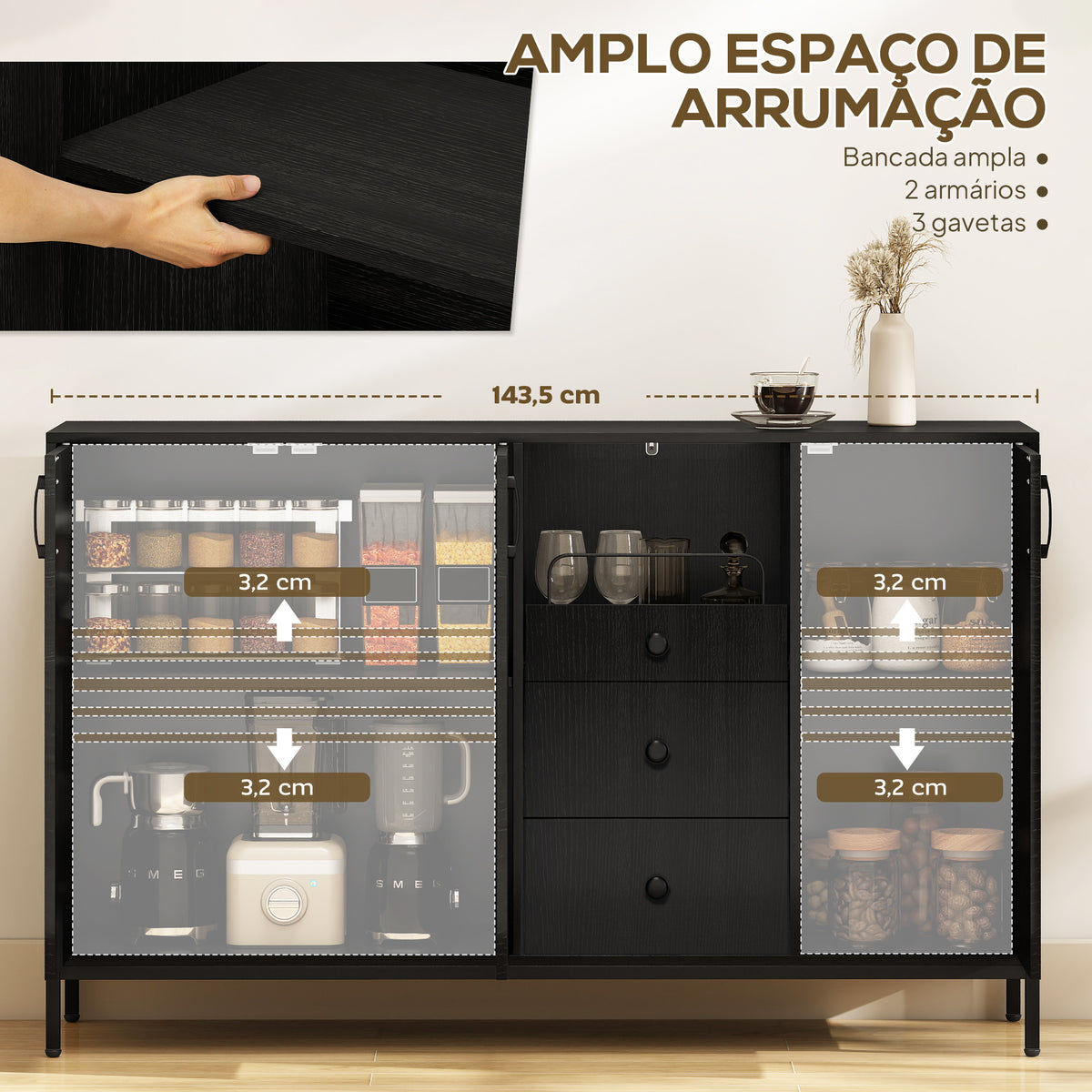 Aparador com 3 Portas e 3 Gavetas Prateleiras Ajustáveis para Cozinha Entrada Sala de Jantar Quarto 143,5x40x90 cm Preto — foto 4