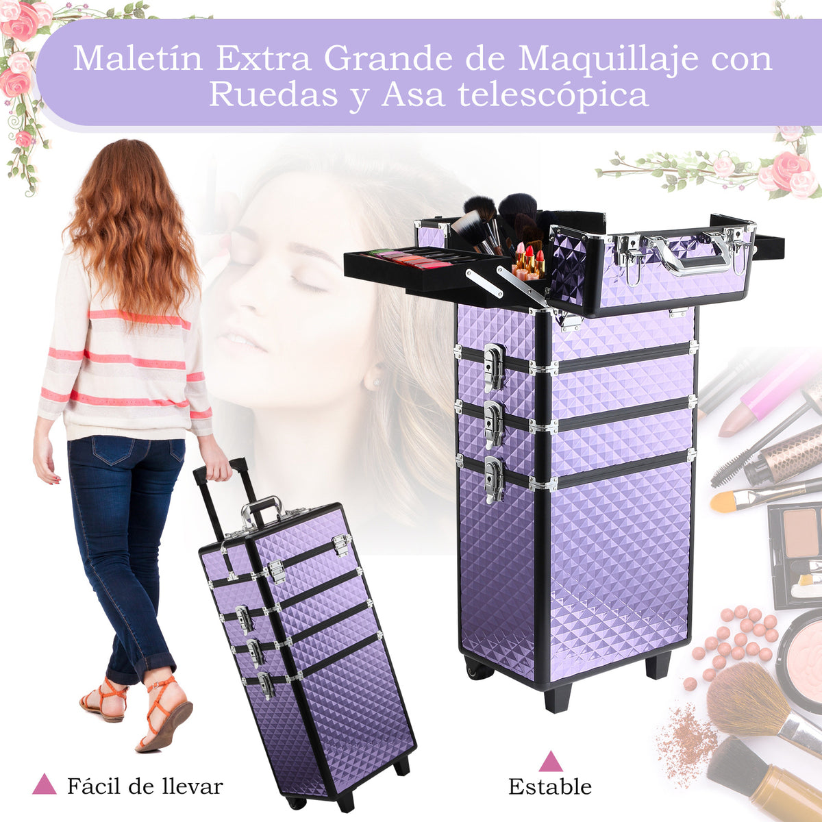 Mala de Maquilhagem Professional com Rodas Universais Mala de Maquilhagem com Diferentes Níveis Alça Extensível Trolley de Maquilhagem 33,5x23x76-95,5 cm Roxo — foto 4