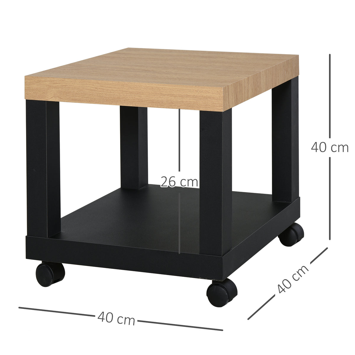 Mesa Auxiliar com Rodas Mesa Auxiliar com Prateleira Aberta para Sofá Dormitório 40x40x40 cm Branco e Madeira Preto e Madeira — foto 3