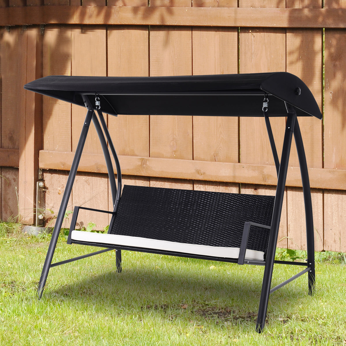 Baloiço de Jardim de Vime PE com 3 Lugares Estrutura de Metal Almofada Toldo Ajustável Balcão Terraço Patio Carga Máx. 360kg 198x124x179cm Preto — foto 2