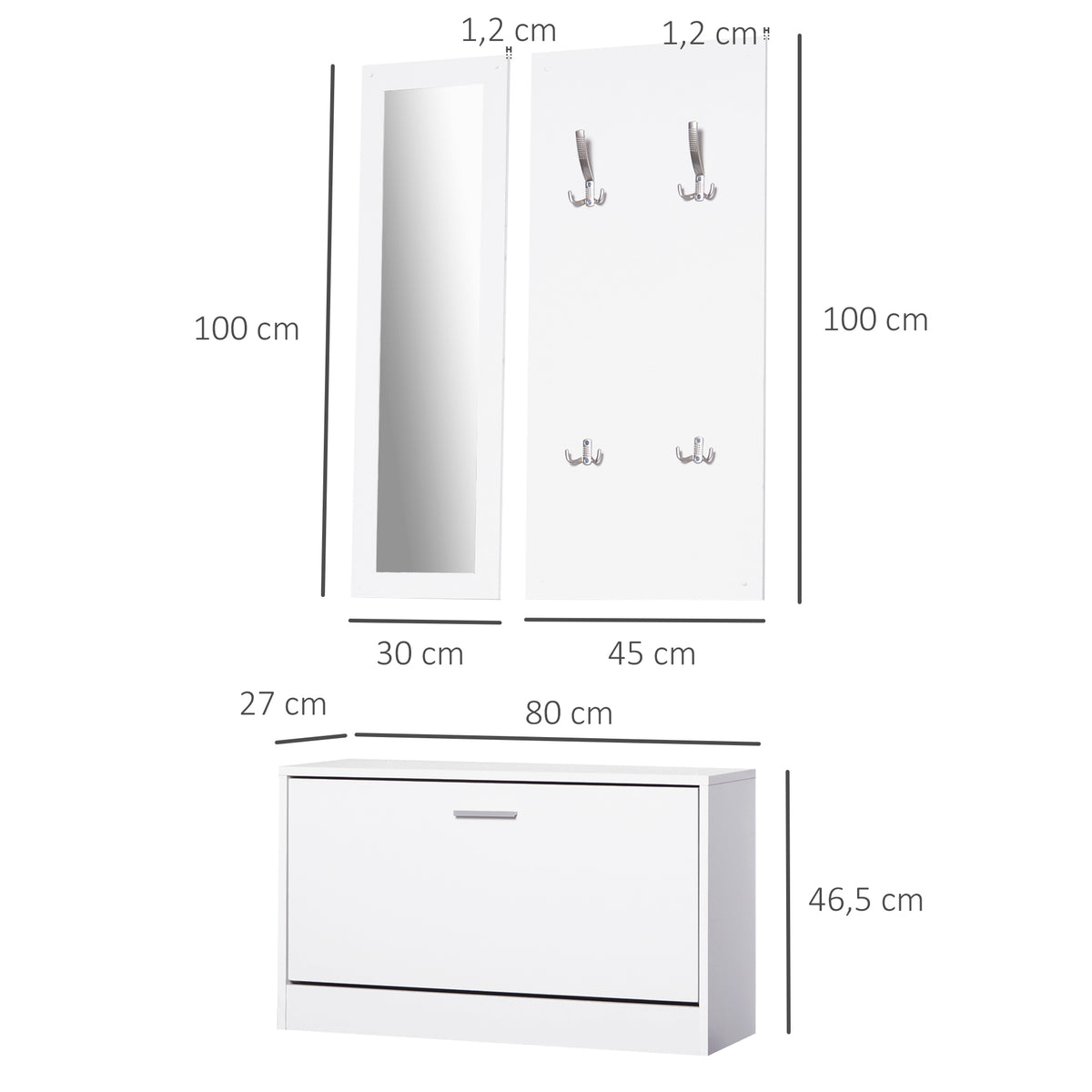 Móvel Cabide de Entrada de 3 Peças Armário de Entrada com Cabide Espelho e Sapateira 80x27x46,5cm Branco — foto 3