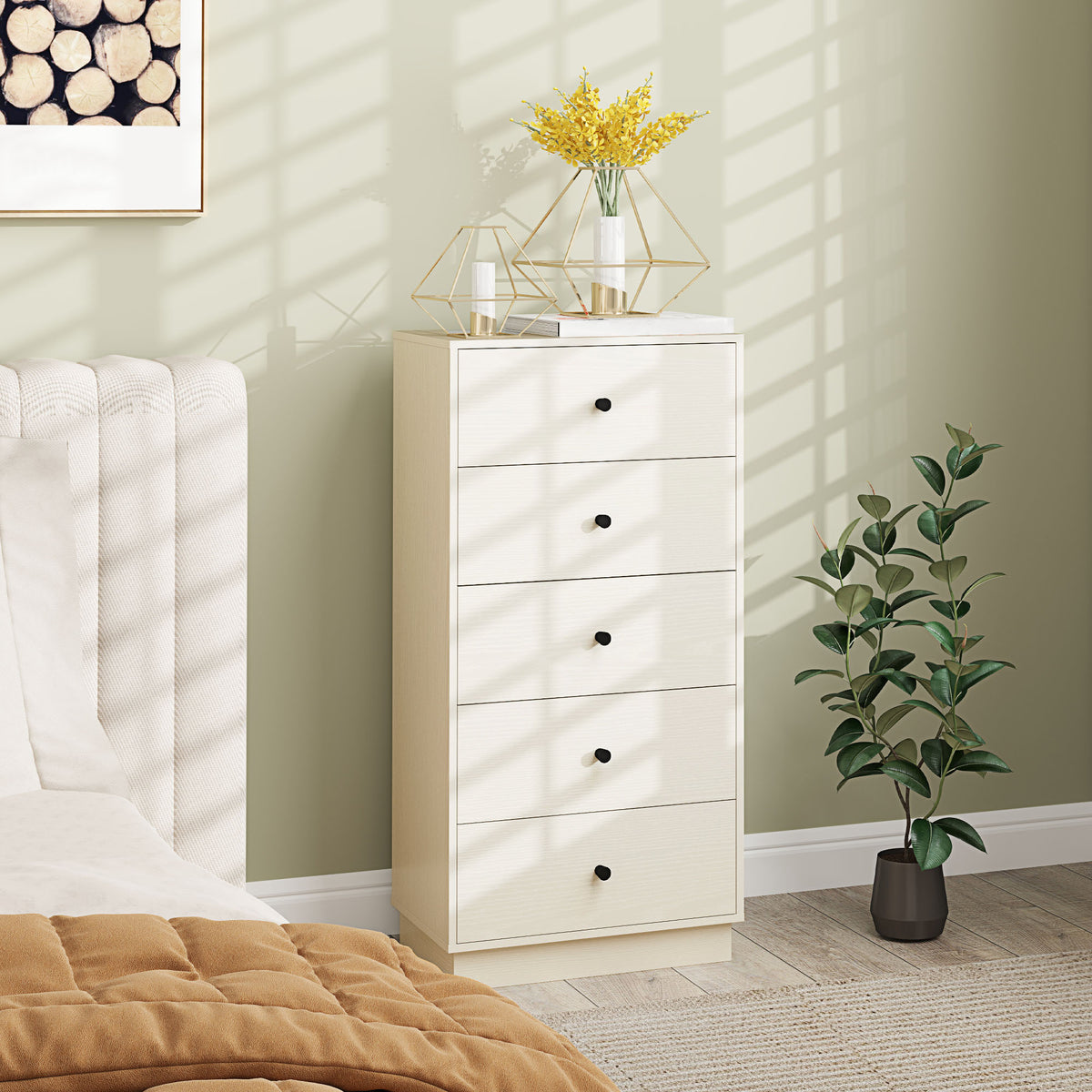 Cómoda com 5 Gavetas Cómoda de Quarto Estreita com Anti-Tombo Gaveteiro Alto para Sala de Estar Corredor 47x29x95 cm Branco — foto 2