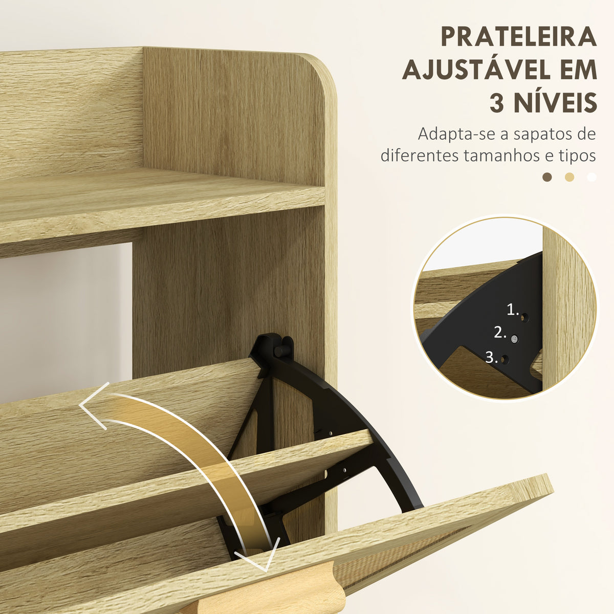 Móvel Sapateira de Entrada Armário de Sapatos Boêmio com 2 Gavetas Basculantes e 1 Prateleira Aberta para 18 Pares de Sapatos para Corredor Entrada 80x24,5x110 cm Carvalho — foto 5