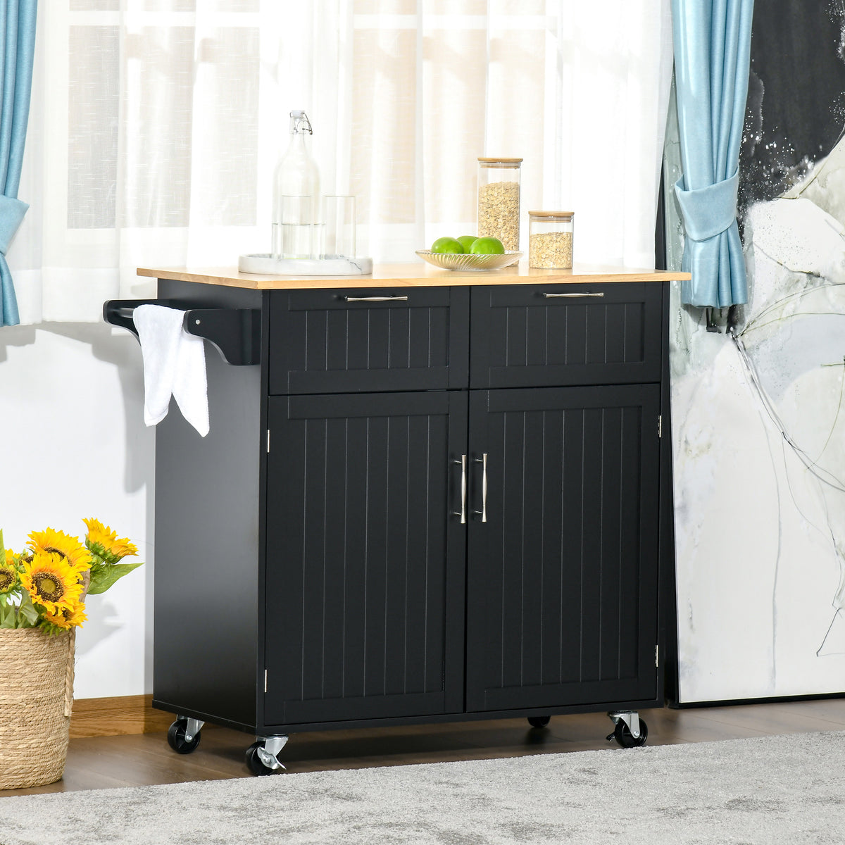Carrinho de Cozinha com Rodas Móvel Auxiliar de Cozinha com 2 Gavetas 2 Portas Prateleira Ajustável e Suporte para Guardanapos para Sala de Jantar Sala de Estar 104x46x91 cm Preto — foto 2