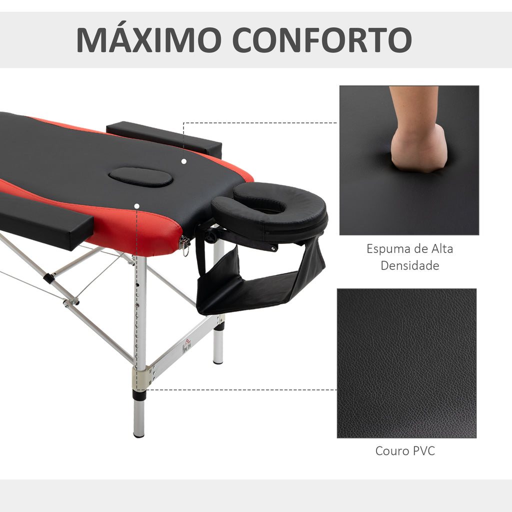 Marquesa de Massagem Dobrável e Portátil Mesa de Massagem com Altura Ajustável Apoio para a Cabeça e Apoio para os Braços 215x60x61-84 cm Preto e Vermelho — foto 6