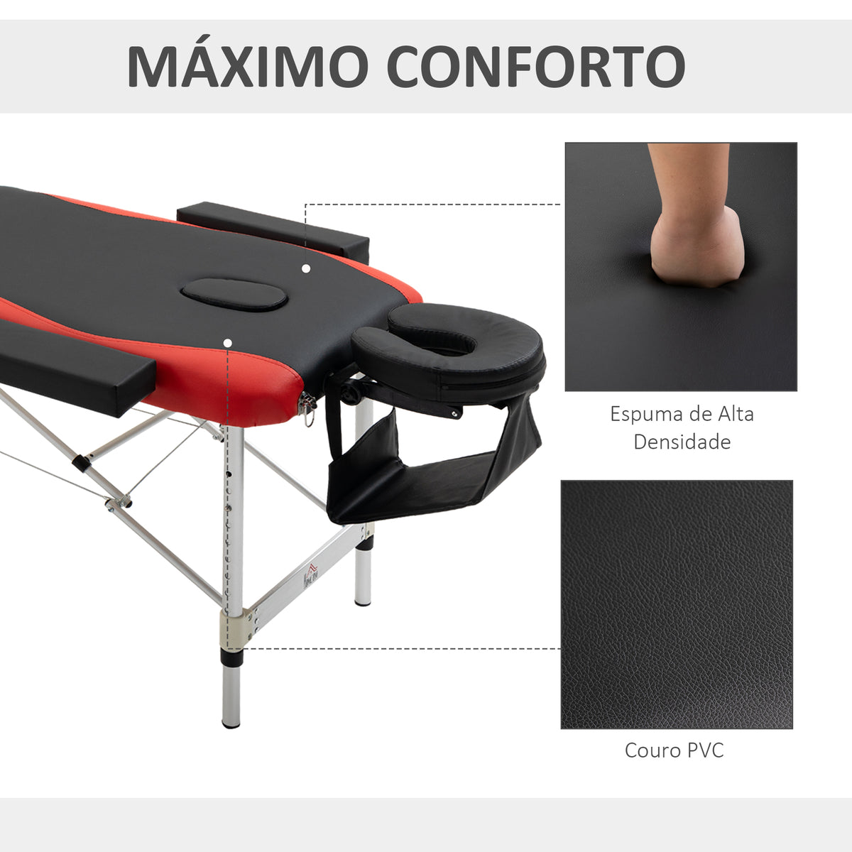 Marquesa de Massagem Dobrável e Portátil Mesa de Massagem com Altura Ajustável Apoio para a Cabeça e Apoio para os Braços 215x60x61-84 cm Preto e Vermelho — foto 6