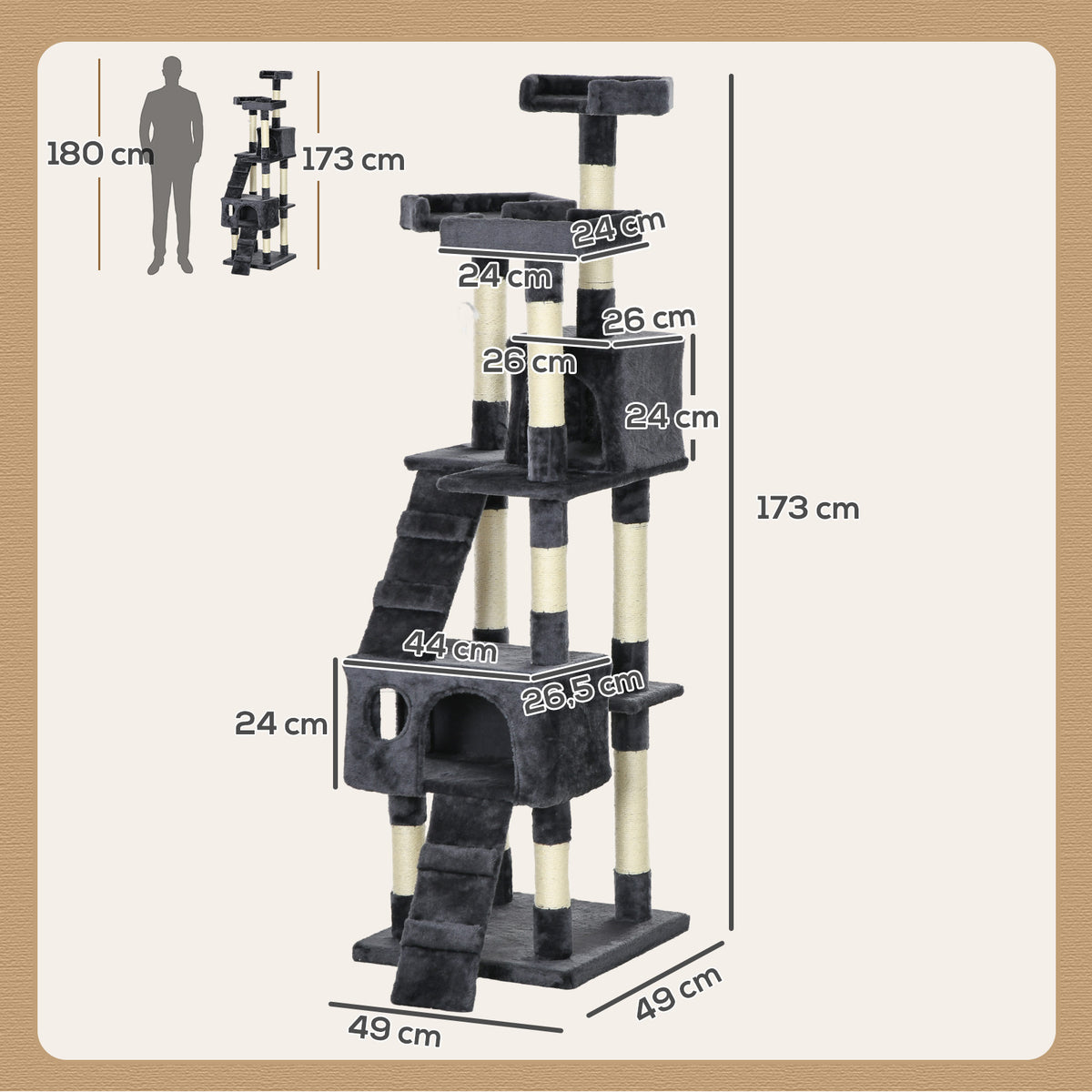Arranhador para Gatos Grande 49x49x173 cm com Múltiplos Níveis Cavernas Brinquedos Suspensos Centro de Atividades de Sisal Cinza Escuro — foto 3