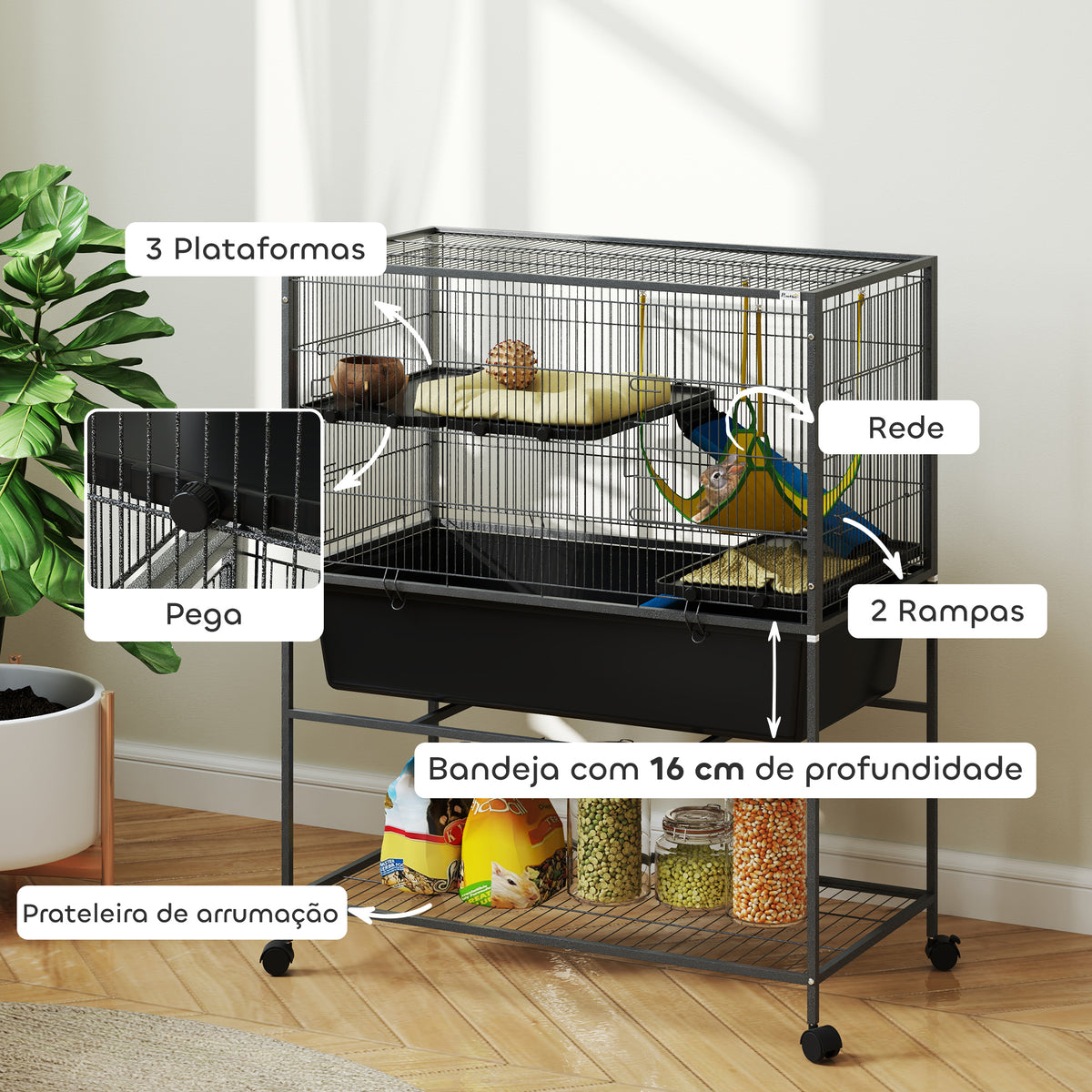 Gaiola para Animais Pequenos de 3 Níveis Gaiola para Coelhos com Rodas Rampas Rede e Bandeja Amovível Recinto para Roedores Chinchilas e Furões 88x48x102 cm Cinza Escuro — foto 5