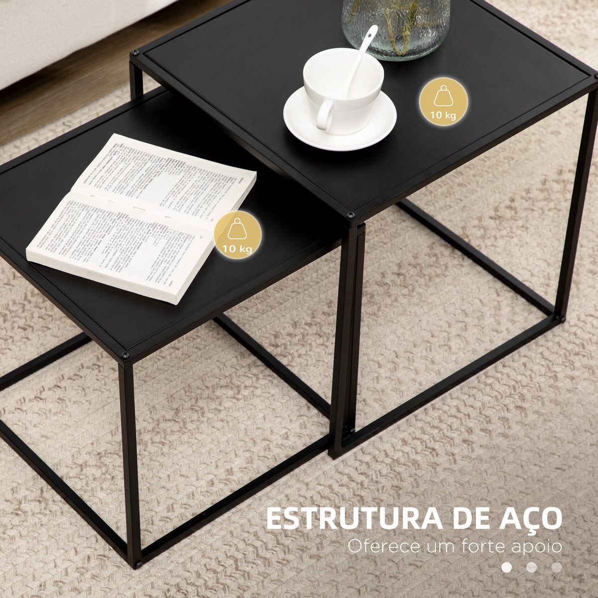 Conjunto de 2 Mesas Mesas de Centro Quadradas para Sala de Estar Estrutura de Aço para Quarto e Escritório Grande 40 cm Pequena 35 cm Preto — foto 6