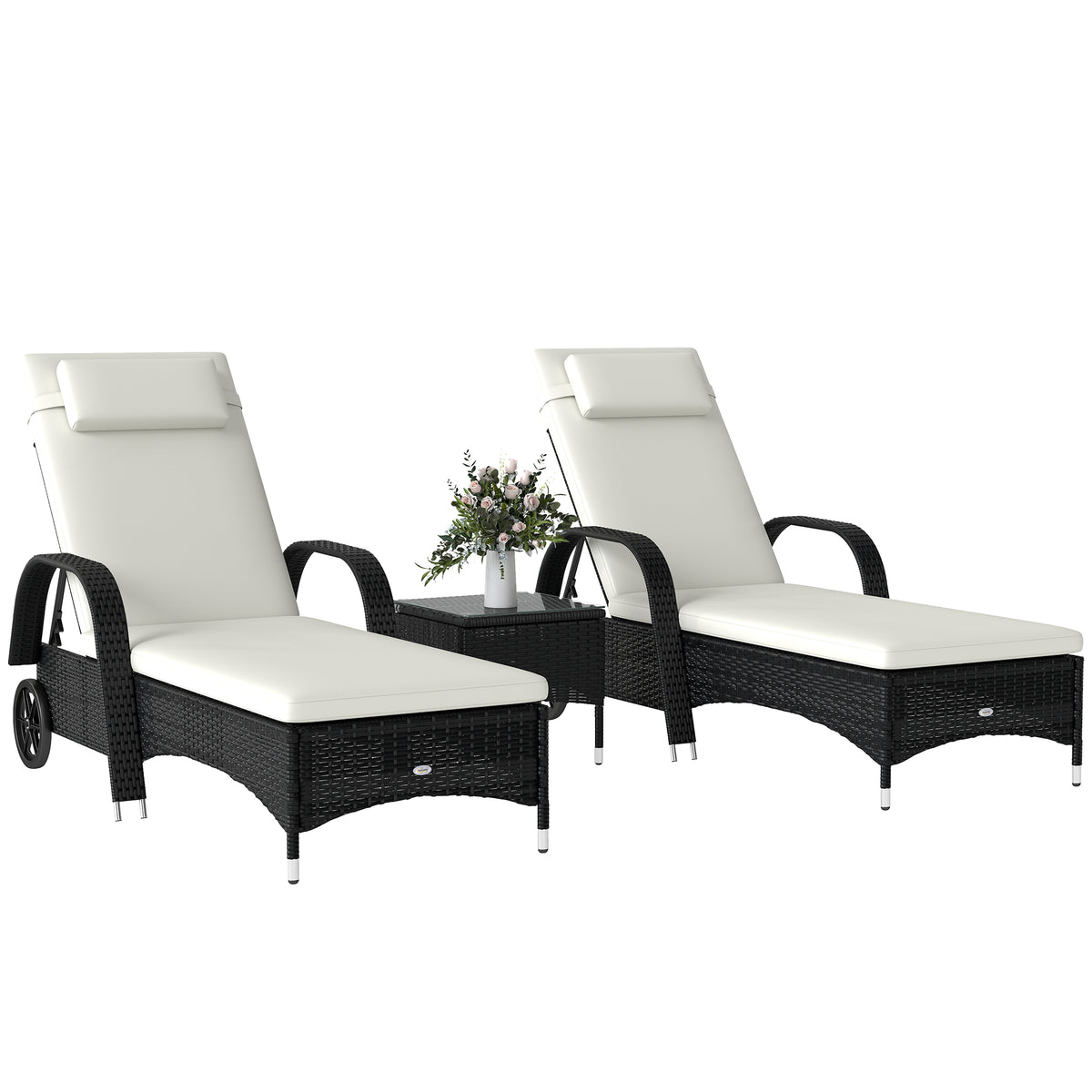 Espreguiçadeiras x2 com Mesa de Vime Chaise Longue para Jardim Pátio Cadeira de exterior com Almofadas Acolchadas Preto e Branco — foto 1