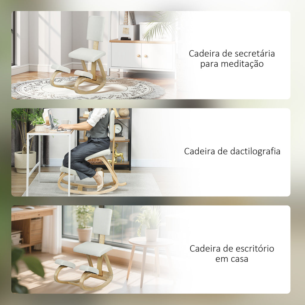 Cadeira Ergonómica de Joelhos com Encosto Almofadas Acolchoadas Estrutura de Madeira para Melhor Postura Escritório 51x84x93 cm Creme — foto 7