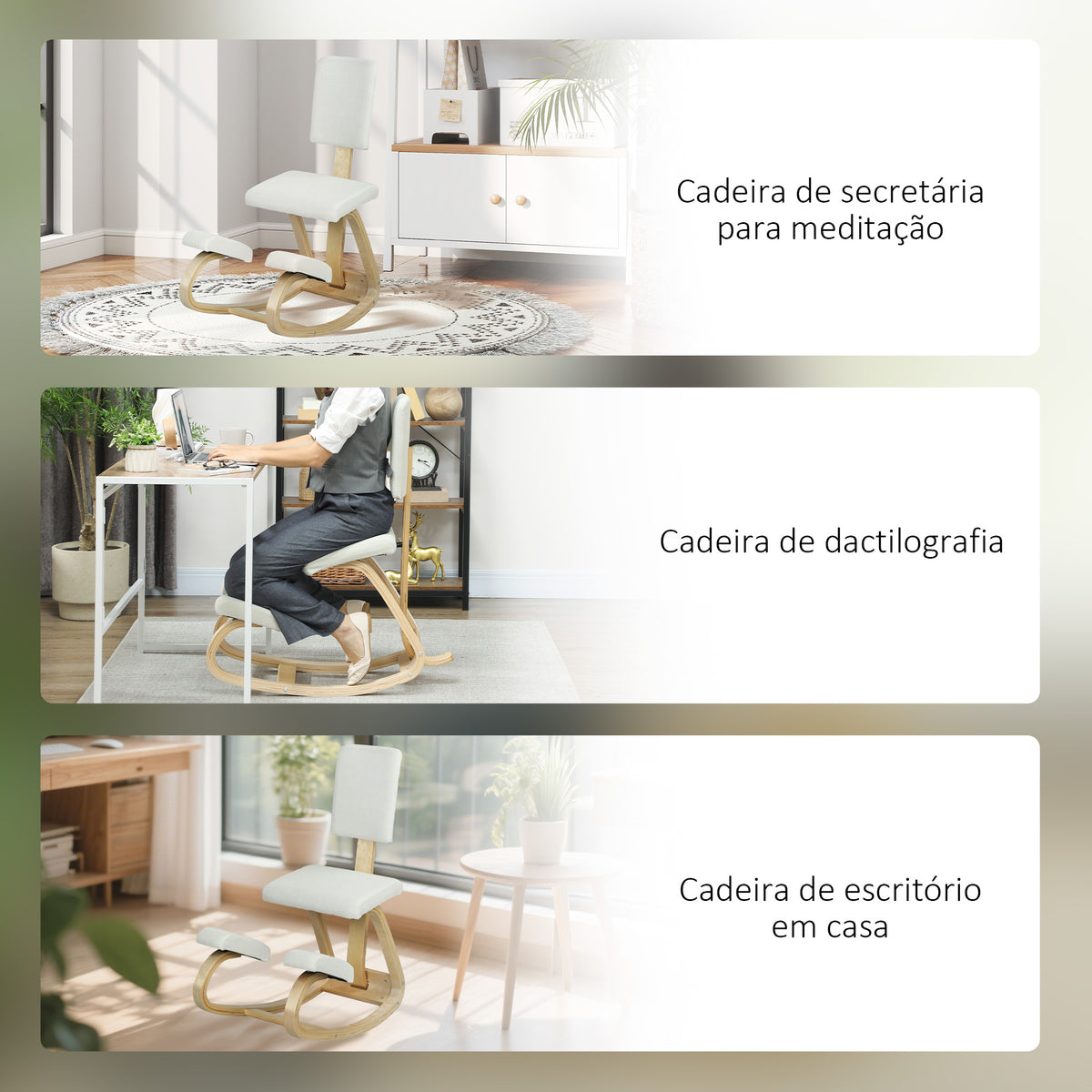 Cadeira Ergonómica de Joelhos com Encosto Almofadas Acolchoadas Estrutura de Madeira para Melhor Postura Escritório 51x84x93 cm Creme — foto 7