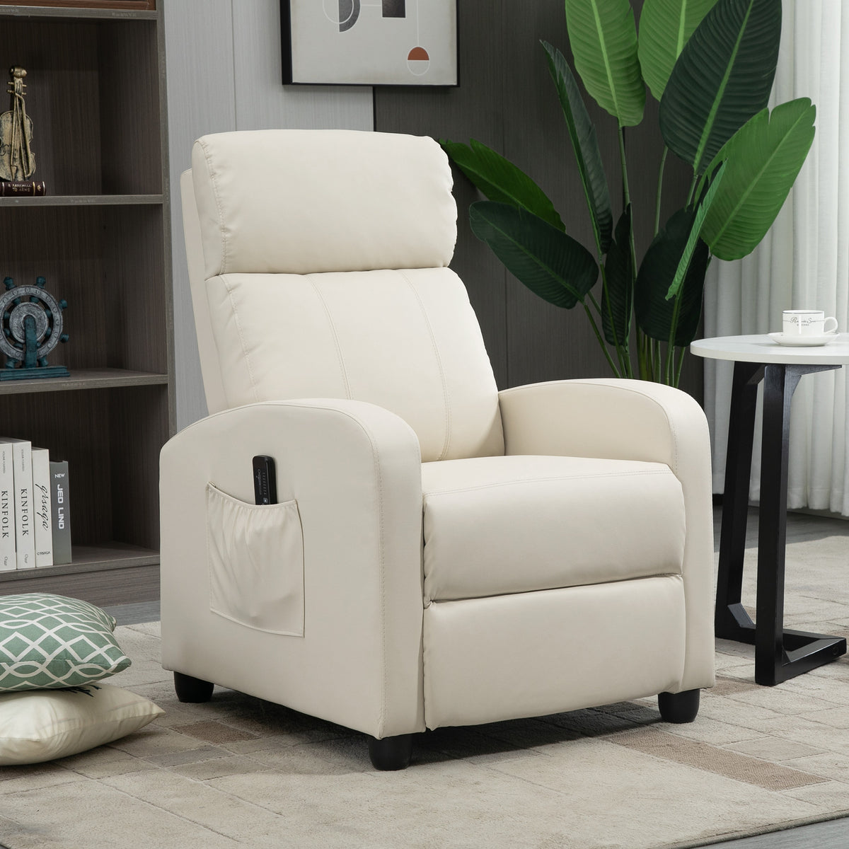 Poltrona de Massagem Poltrona Relax Reclinável com 2 Zonas de Massagem 8 Programas 5 Níveis de Intensidade e Controlo Remoto Estofada em PU 68x88x98 cm Creme — foto 2