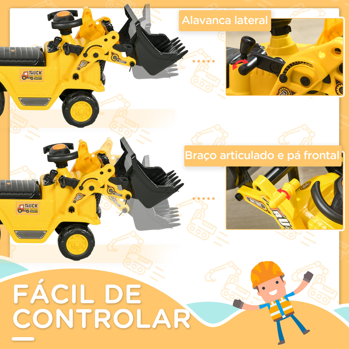 Carro Andador para Crianças de 18 a 48 Meses Escavadora para Crianças com Pá Dianteira Buzina Volante e Compartimento Oculto sob o Assento Carga 30 kg 80x26,5x39 cm Amarelo — foto 5