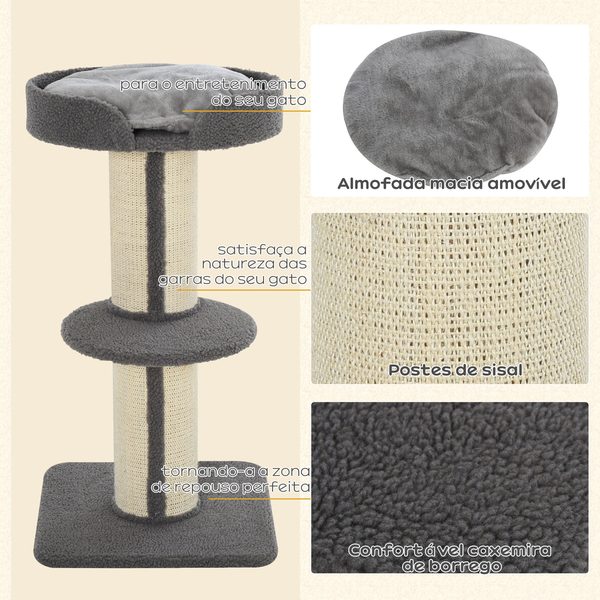 Arranhador para Gatos Altura 91 cm Arranhador para Gatos de 3 Níveis com Ninho Plataforma e Poste de Sisal 45x45x91 cm Cinza — foto 5