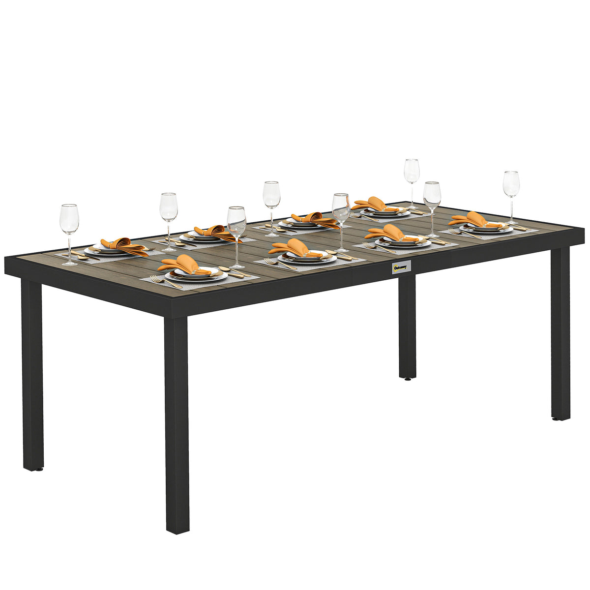 Mesa de Jardim Retangular Mesa de Exterior para 8 Pessoas com Bancada de Ripas e Estrutura de Alumínio para Terraço Balcão 190x90x74 cm Preto e Madeira — foto 1