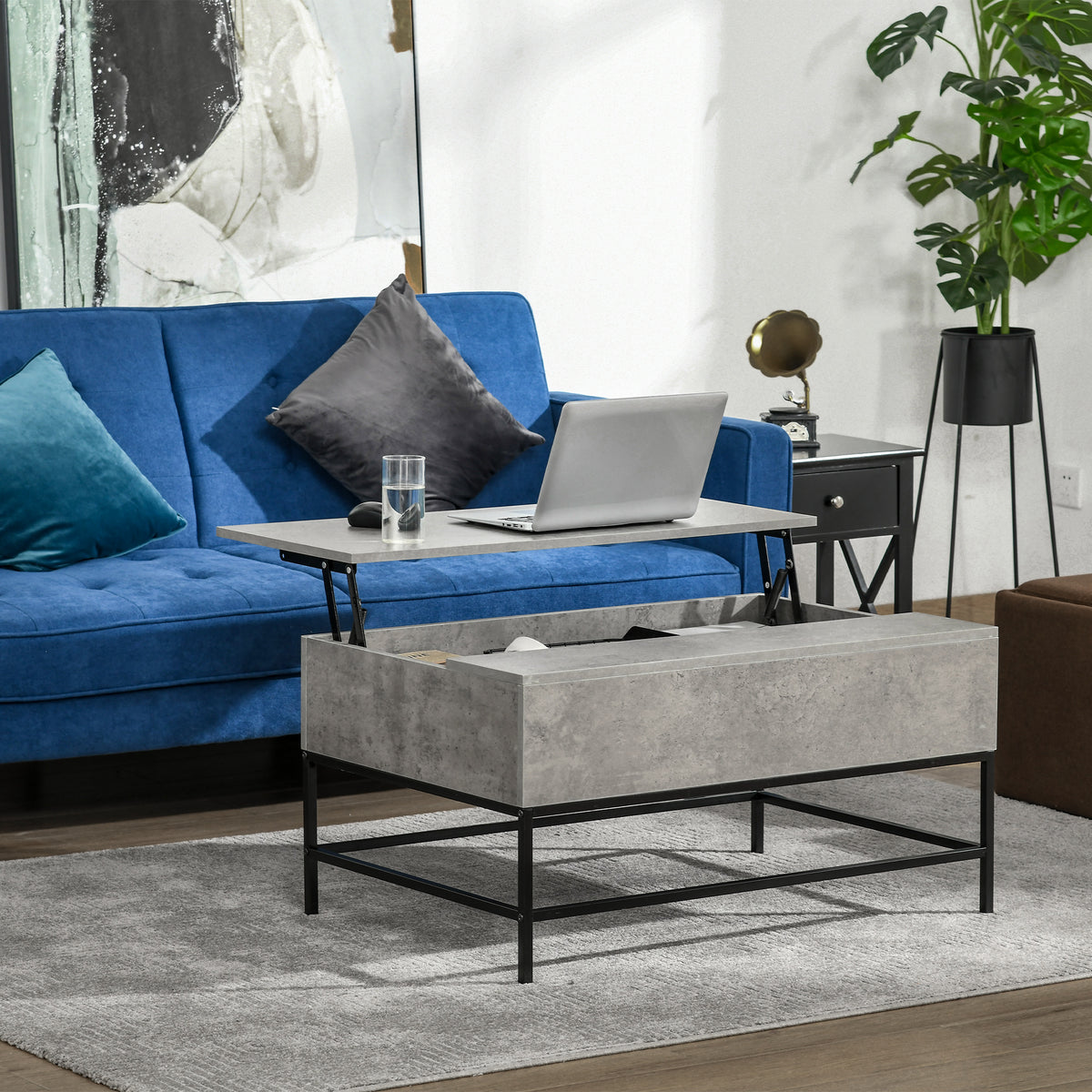 Mesa de Centro Elevável Mesa de Café Versátil com Armazenamento Oculto Pés de Metal para Sala de Estar Sala de Jantar 90x60,5x45,5 cm Cinzento e Preto — foto 2