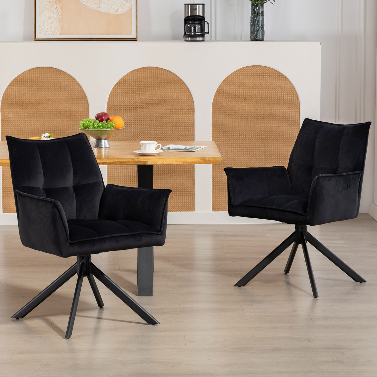 Conjunto de 2 Cadeiras de Refeição Giratórias 360° Cadeiras de Cozinha com Apoio de Braços Encosto Estofado Estofamento em Veludo Pés em Aço para Escritório Conferência Sala de Estar 63x64x85 cm Preto — foto 2