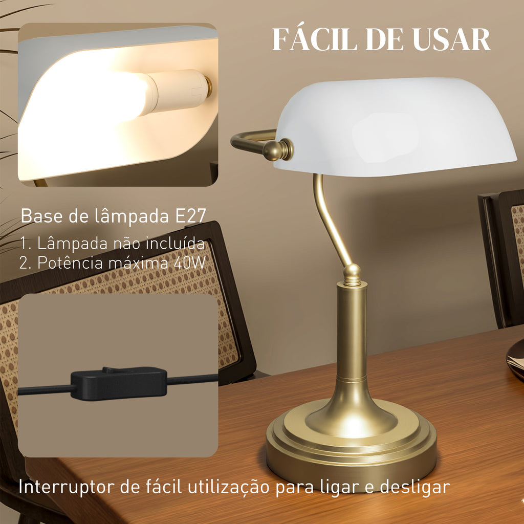 Candeeiro de Mesa Banqueiro Candeeiro de Mesa Vintage E27 com Ecrã Orientável a 45° Interruptor Basculante para Casa Escritório Biblioteca 26,8x22x39,5 cm Branco — foto 6