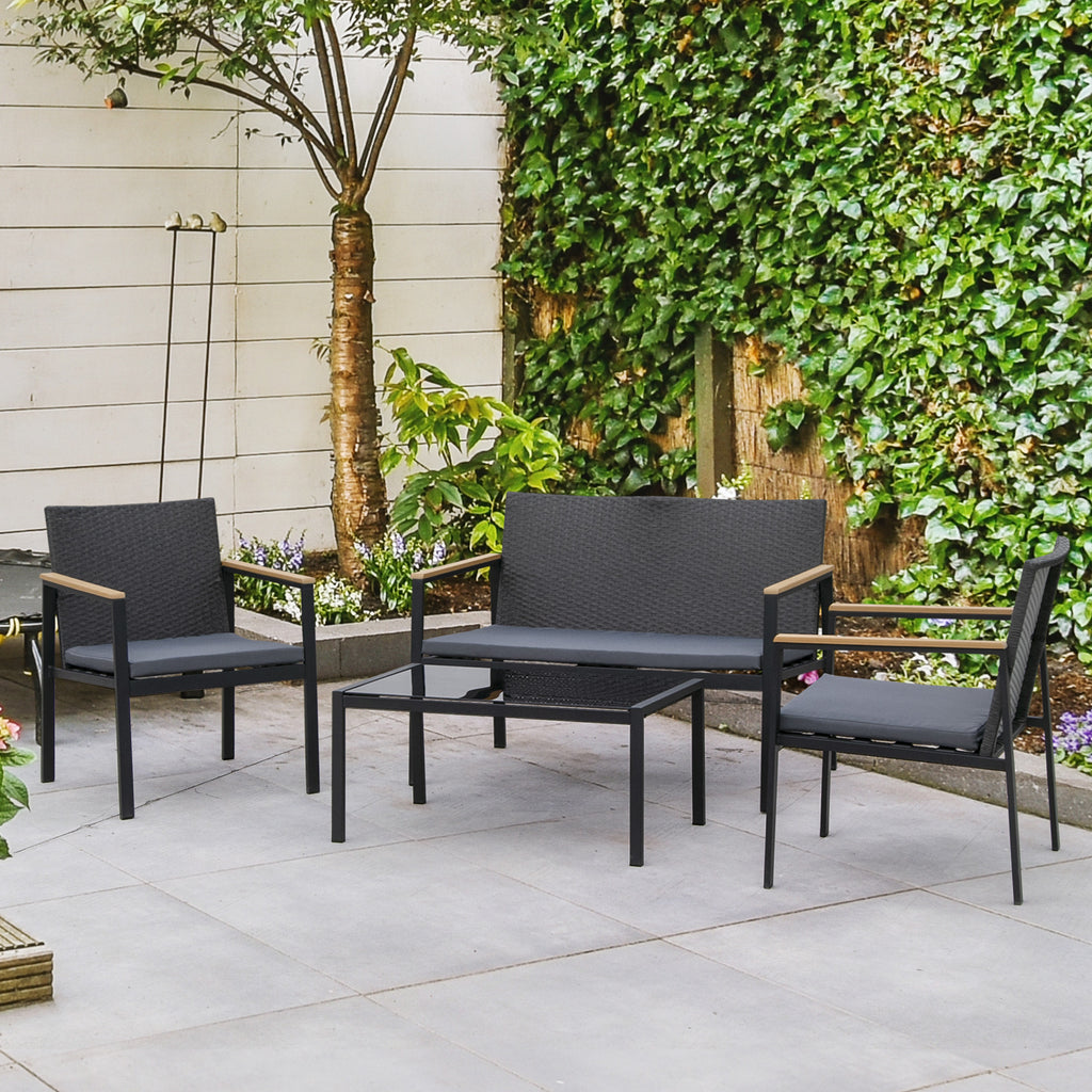 Conjunto de Móveis de Vime e 4 Peças com Almofadas Acolchoadas 2 Poltronas 1 Sofá Duplo e Mesa de Centro com Vidro Temperado para Jardim Varanda Preto — foto 2