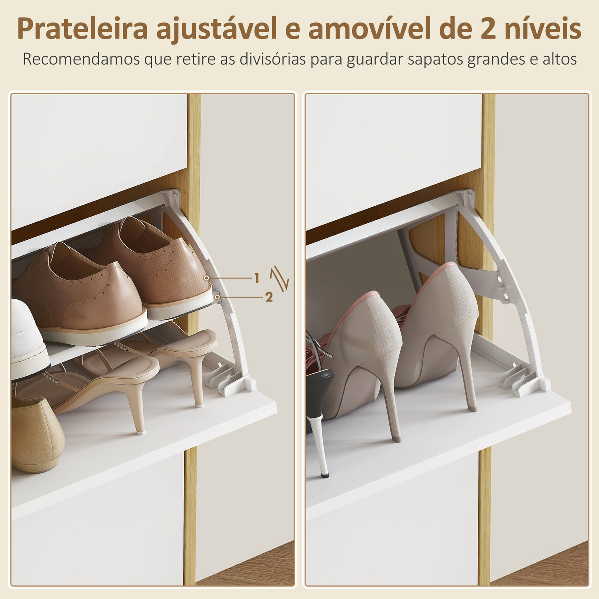 Sapateira Estreita com 3 Portas em Branco Brilhante Sapateira de Entrada com Prateleiras Ajustáveis e Pernas de Madeira para 18 Pares de Sapatos 60x24x127 cm Branco — foto 6