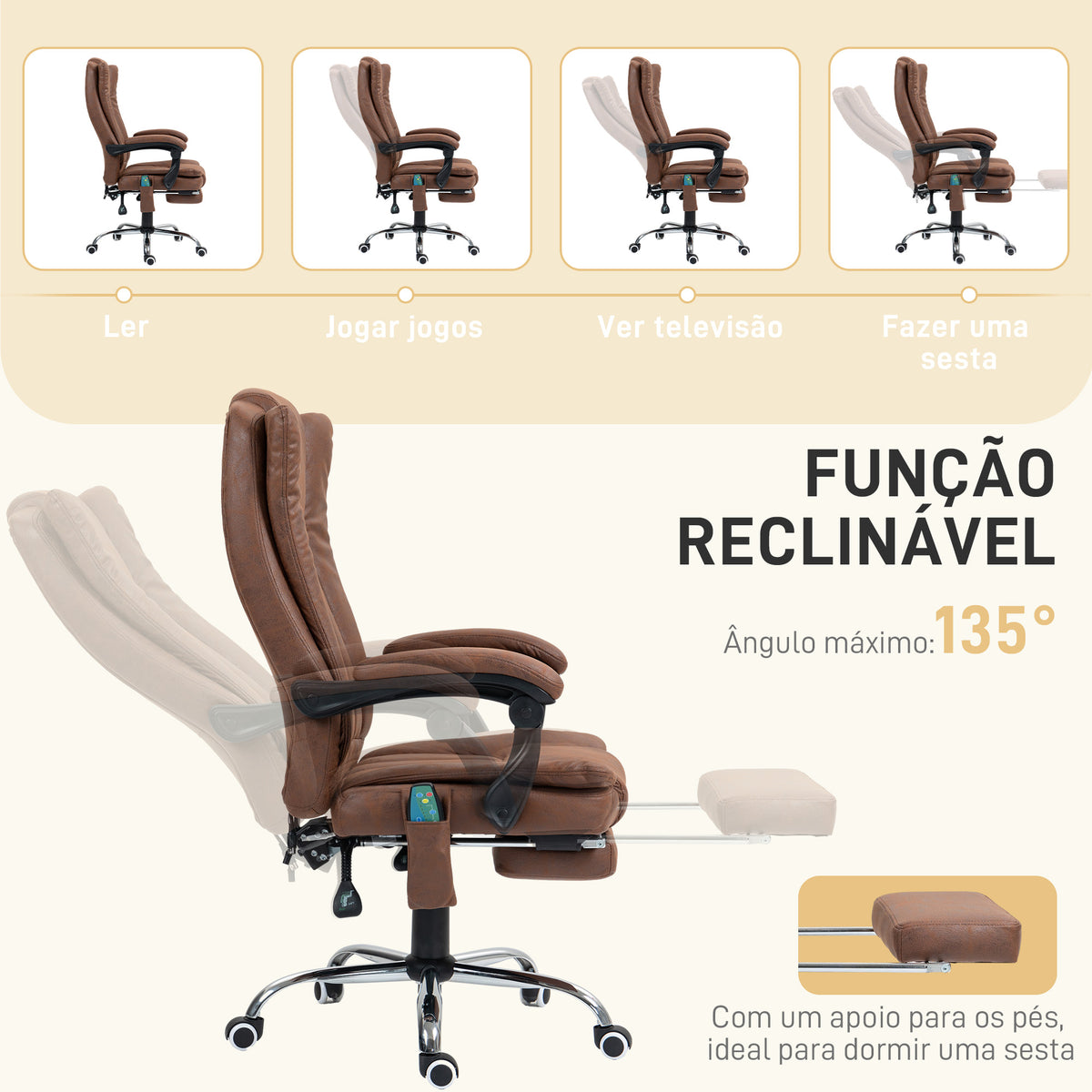 Cadeira de Massagem com 6 Pontos de Massagem Cadeira Giratória de Escritório Reclinável com Altura Ajustável Função de Aquecimento Apoio para os Pés Retrátil e Comando à Distância Marrom — foto 8