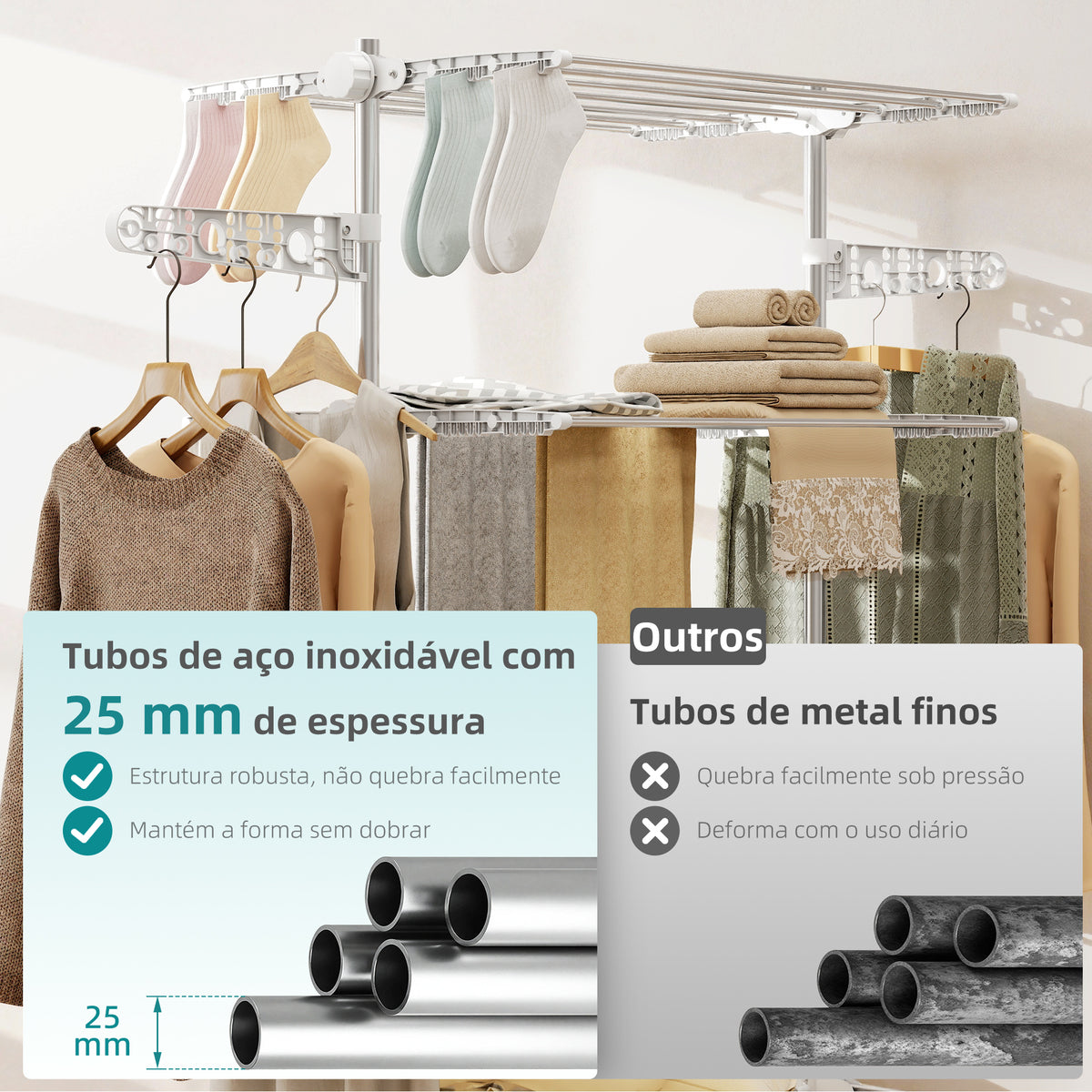 Estendal de Roupa Dobrável 80x55x172cm com 6 Rodas e 4 Prateleiras com Altura Ajustável de Aço Inoxidável Prateado — foto 5