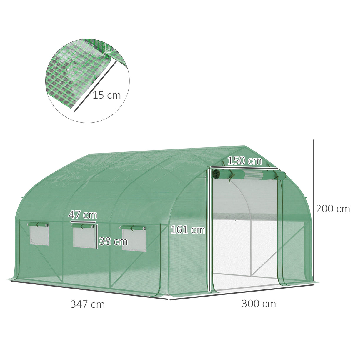 Estufa Tipo Túnel 347x300x200 cm Estufa de Jardim com Porta Enrolável 6 Janelas Cobertura PE 140g/m² Estrutura de Aço Galvanizado para Cultivos Plantas Flores Verde — foto 3