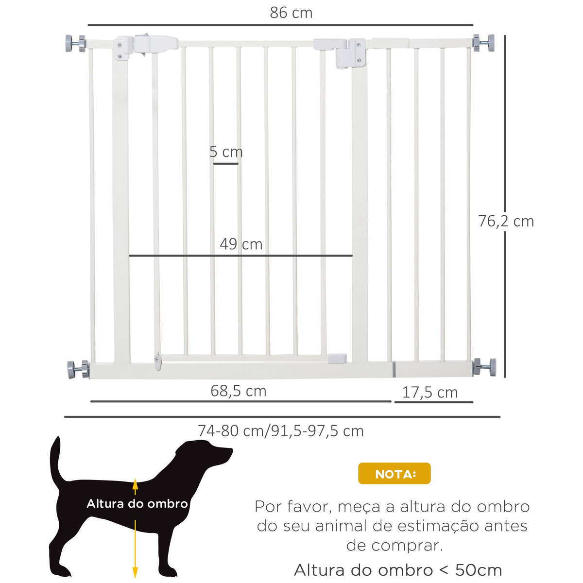 Barreira de Segurança Metálica de Portas e Escadas para Animais de Estimação Cães com Extensão de 17,5 cm Sistema de Fechamento Automático 74-97,5x76,2 cm Branco — foto 3