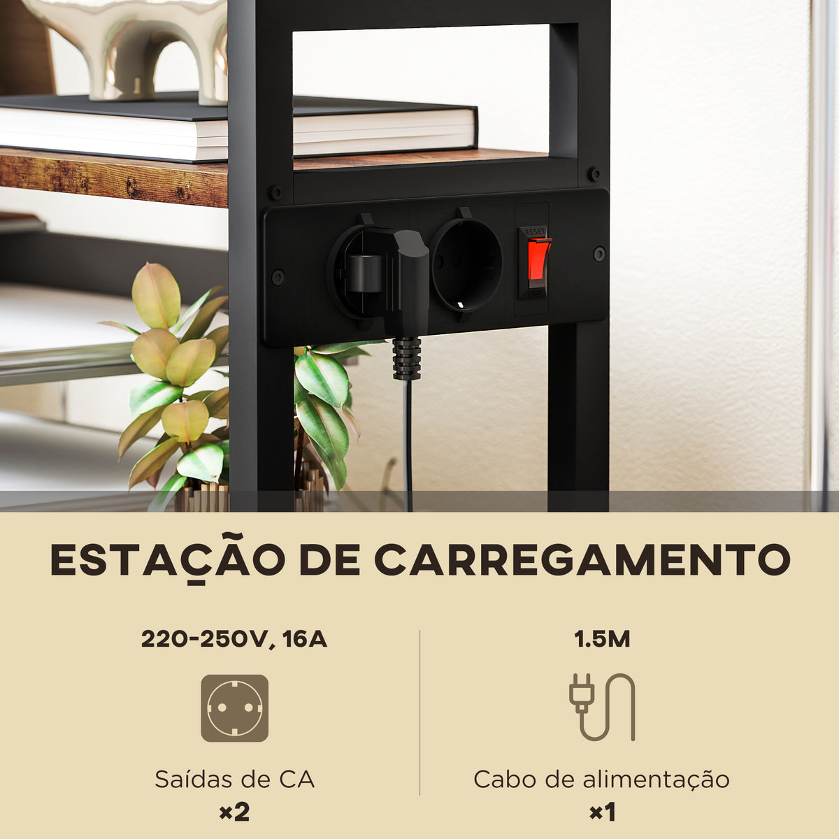 Suporte para Impressora com Estação de Carregamento Móvel para Impressora de 4 Níveis com Rodas e Estrutura Metálica para Escritório Casa 55x37,5x100 cm Castanho Rústico — foto 4