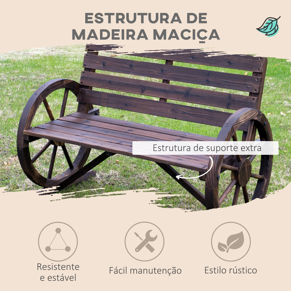 Banco de Jardim de Madeira, Banco de Exterior com Apoios de Braço em Forma de Roda, Estilo Rústico, Suporta 250 kg, de 2 Lugares, para Pátio, Terraço, 105,5x59x75 cm, Envelhecido — foto 4