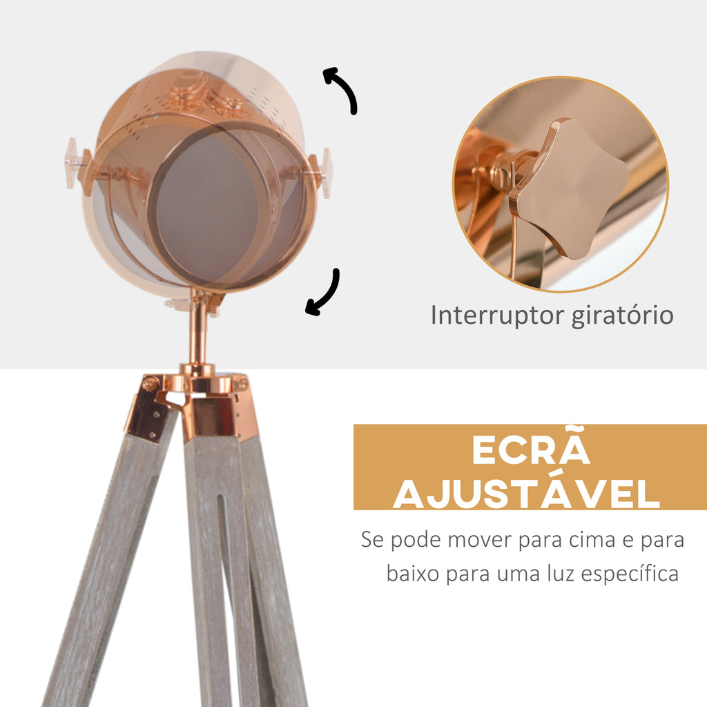 Candeeiro de Pé com Tripé de Madeira Suporte para Lâmpada E14 Máx. 25W IP20 Altura Ajustável Interruptor de Pé Candeeiro de Pé para Sala de Estar Dormitório Escritório Ø65x100-140cm Madeira Envelhecida e Ouro Rosa — foto 6