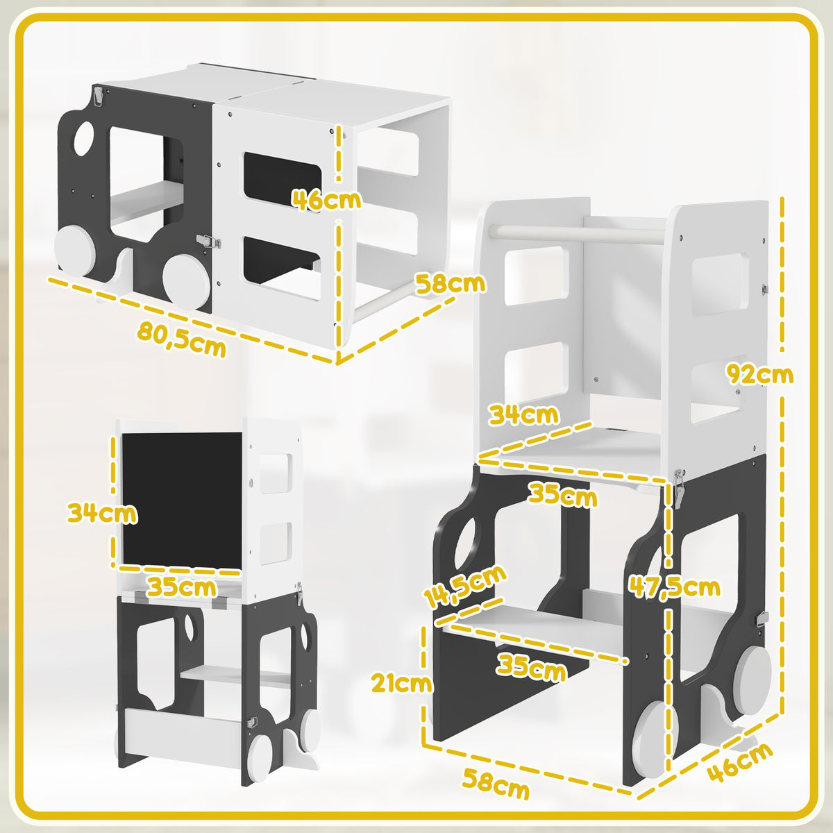 Torre de Aprendizagem 4 em 1 Torre de Aprendizagem para Crianças acima de 3 Anos em Forma de Carro Convertível em Mesa e Cadeira com Ardósia Barreira de Segurança 58x46x92 cm Branco e Cinza — foto 3
