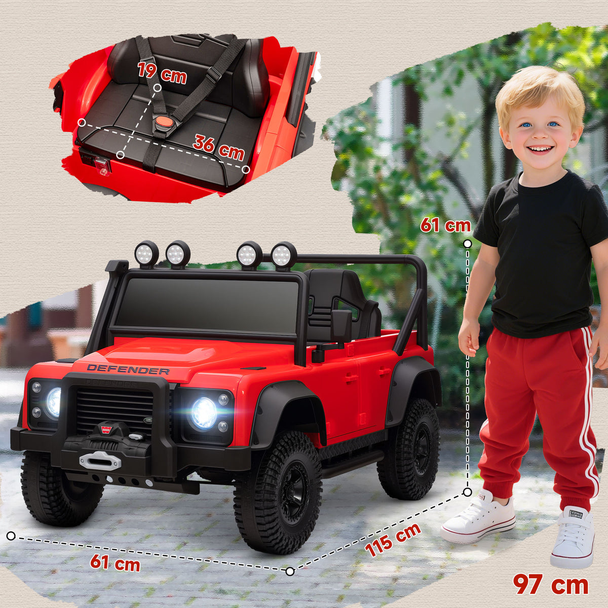 Carro Elétrico para Crianças com Licença Land Rover 12V Carro a Bateria Infantil com Controlo Remoto Sistema de Suspensão USB MP3 Velocidade Ajustável Faróis 115x61x61 cm Vermelho — foto 3