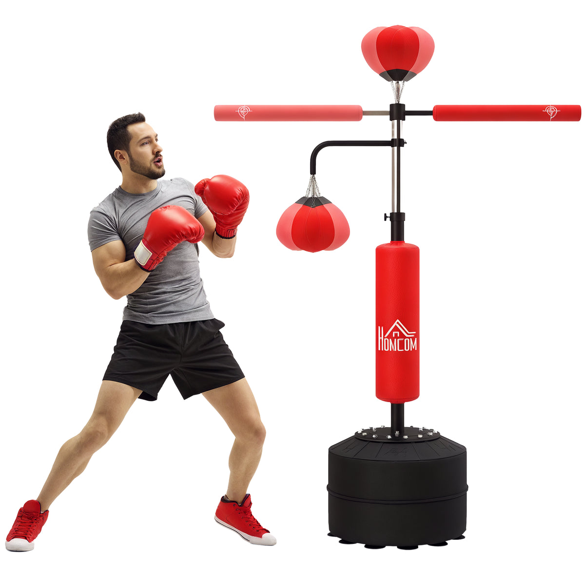 Punching Ball de Boxe com Altura Ajustável com 2 Bolas de Velocidade Barra Giratória 360° e Base Preenchida com Água ou Areia Punching Ball para Adultos 88x50x160-230 cm Vermelho e Preto — foto 1