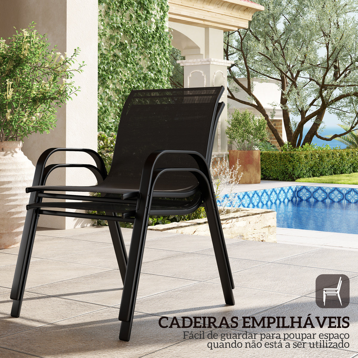 Conjunto de Jardim Exterior 4 Peças Móveis para Jardim com 2 Cadeiras Empilháveis 1 Sofá de 2 Lugares e Mesa de Centro com Bancada de Vidro Temperado Preto — foto 5