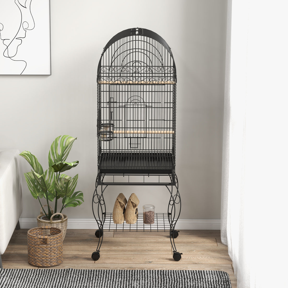 Gaiola para Pássaros com Rodas Gaiola para Pássaros com Bandeja Amovível Prateleira e 2 Comedouros de Aço Inoxidável e Poleiro para Periquitos Canários 51x51x153 cm Preto — foto 8