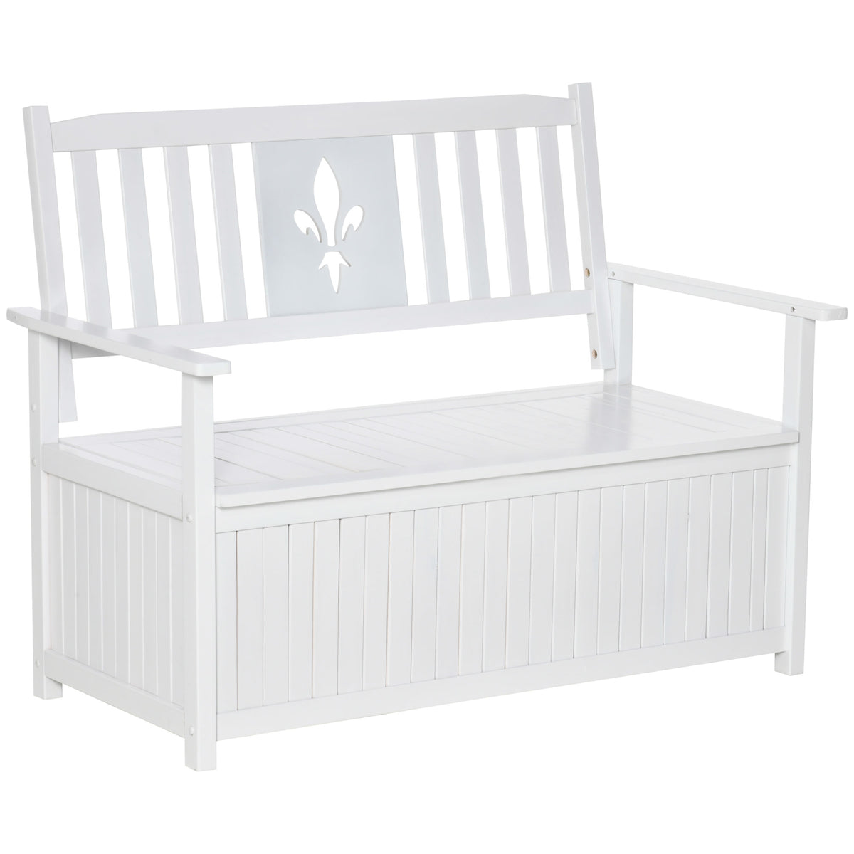 Banco de Madeira Exterior de 2 Lugares com Espaço de Armazenamento e Tecido Oxford Banco Baú de Jardim Terraço com Apoio para os Braços Carga 250kg 125x68,5x97 Branco — foto 1