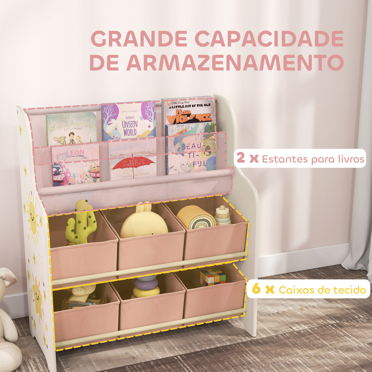 Estante Infantil para Brinquedos com 6 Caixas de Tecido Não Tecido Organizador de Brinquedos com 2 Prateleiras para Quarto Infantil Sala de Brincar Escola Infantil 63x30x71 cm Rosa — foto 4