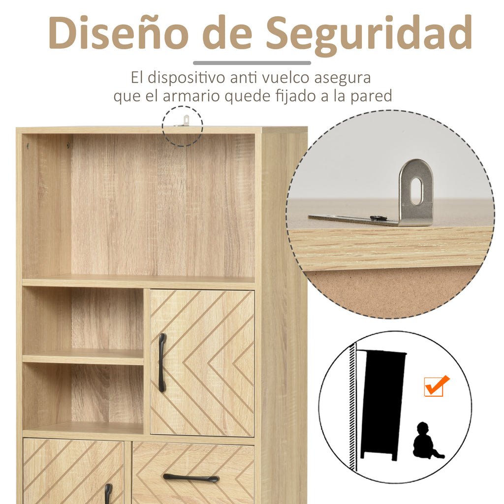 Armário prateleira com 5 compartimentos Gaveta 2 Armários com portas Dispositivo Anti-Tombamento 60x30x150 cm Madeira Natural — foto 5