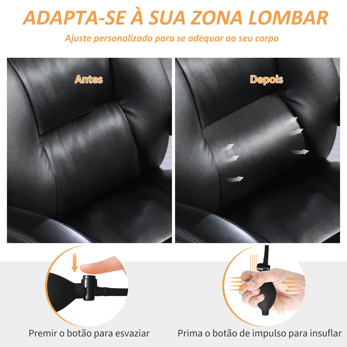Cadeira de Escritório com Suporte Lombar Inflável Estofada em PU Cadeira de Secretária Giratória com Apoio para Pés Encosto Reclinável Encosto Alto Altura Ajustável 65x76x113-121 cm Preto — foto 4