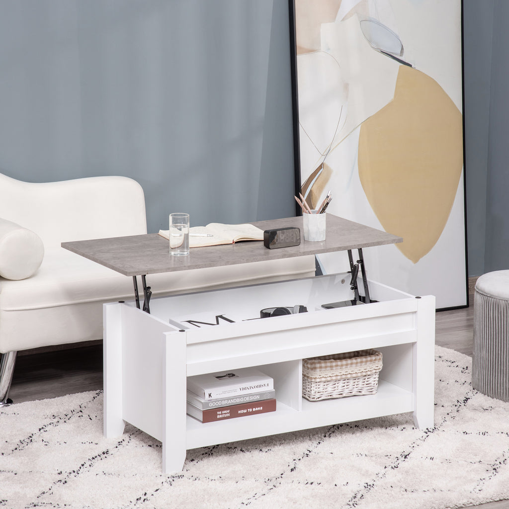 Mesa de Centro com Bancada Elevável Mesa de Centro com 2 Compartimentos Abertos Bancada de Imitação a Mármore Mesa Retangular para Sala de Estar 105x50x49cm Branco — foto 2
