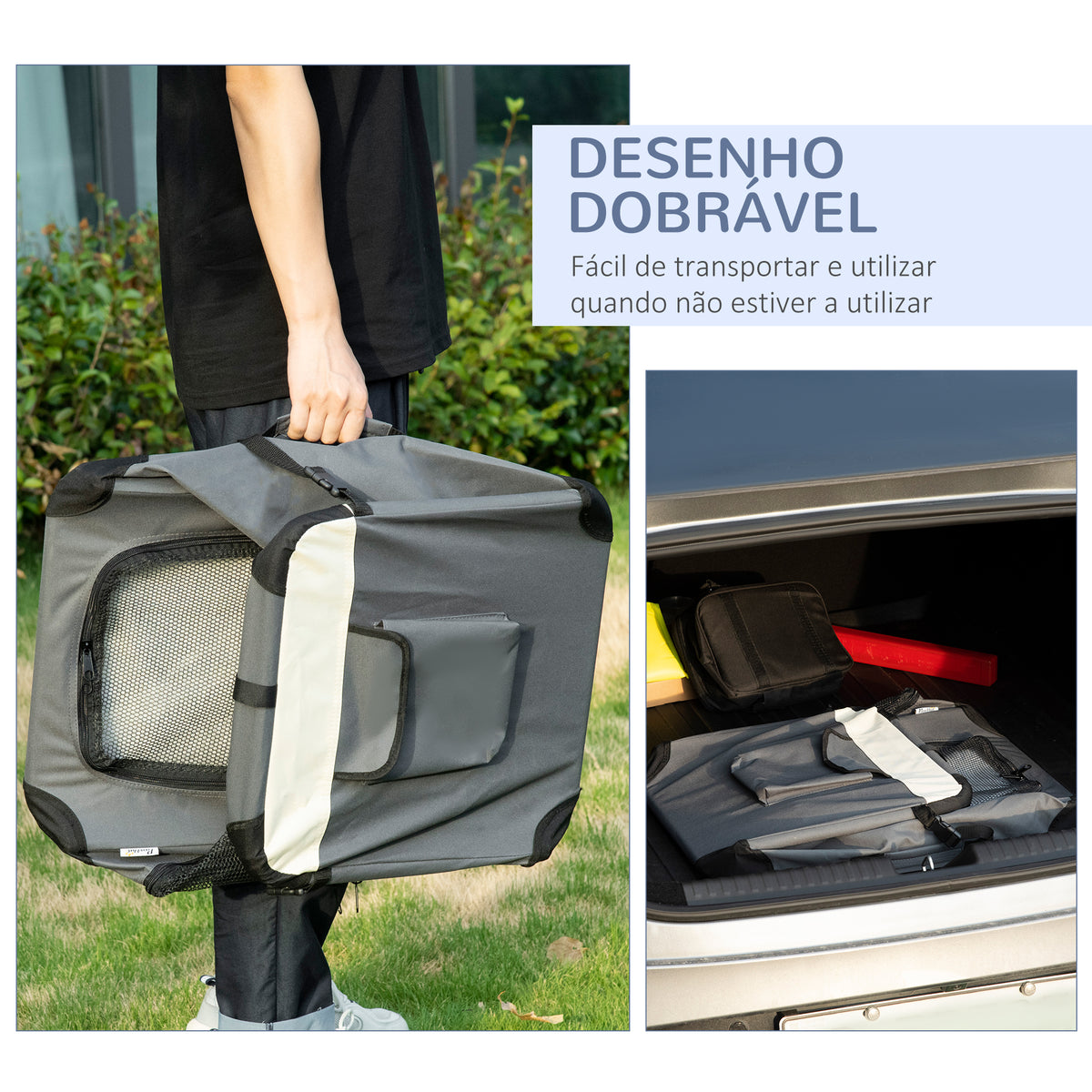 Transportadora para Cães e Gatos Bolsa de Transporte Animais de Estimação Dobrável com Almofada Suave e 2 Correias de Ombro para Carro Avião Viajem 60x41x41cm Cinzento — foto 6