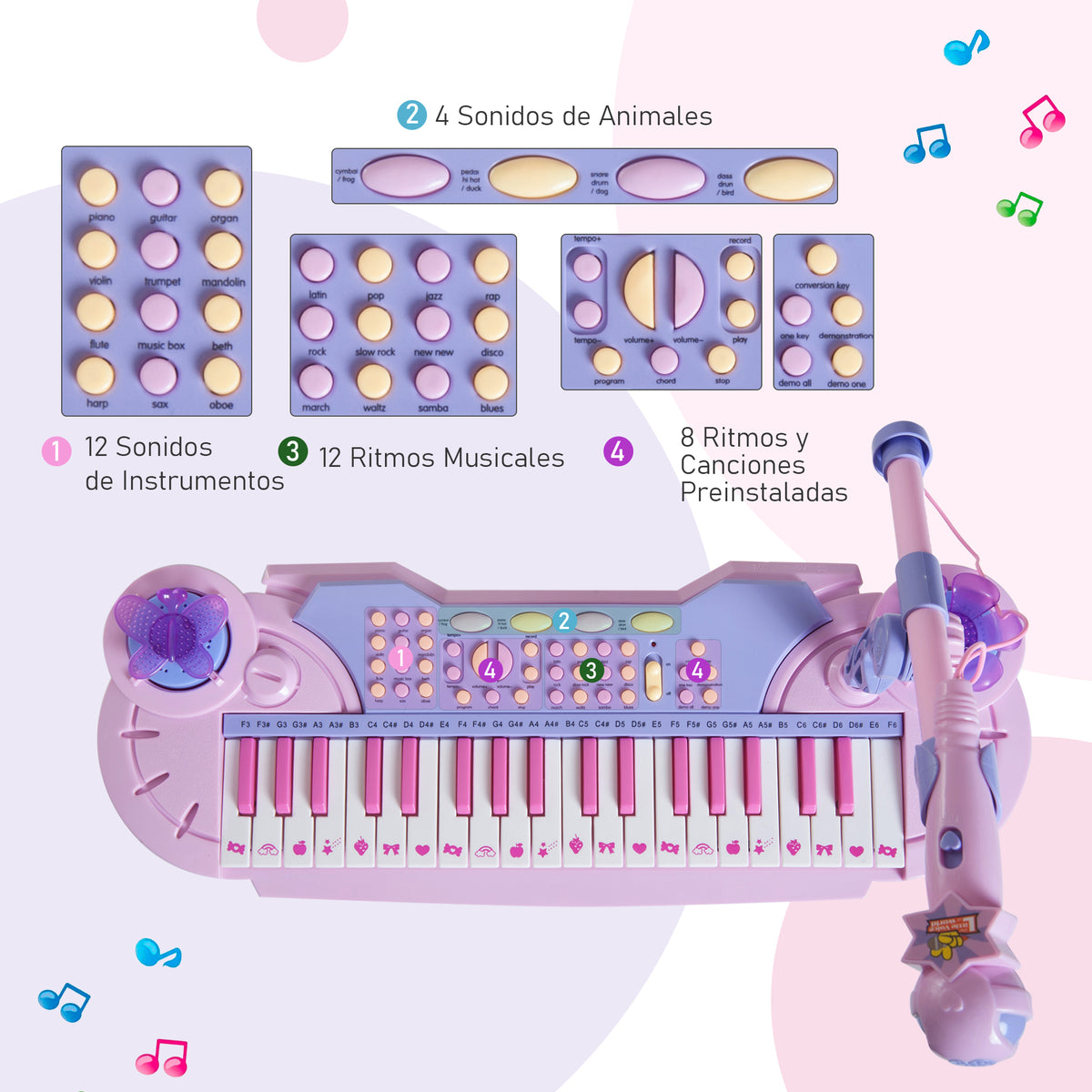 Órgão Electrónico Piano Infantil com Microfone Banquinho Luzes e 22 Canções cor Rosa — foto 4