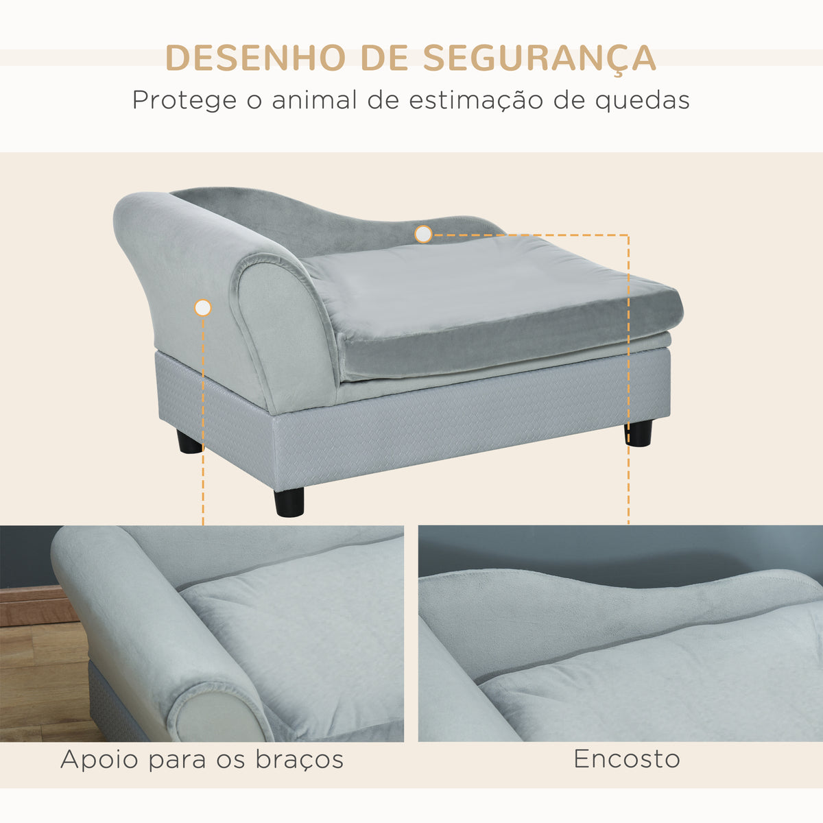 Sofá para Cães Pequenos Sofá para Gatos Estofado em Veludo com Arrumação Oculta e Almofada Lavável Carga 10 kg 76x45x43 cm Cinzento Claro — foto 6